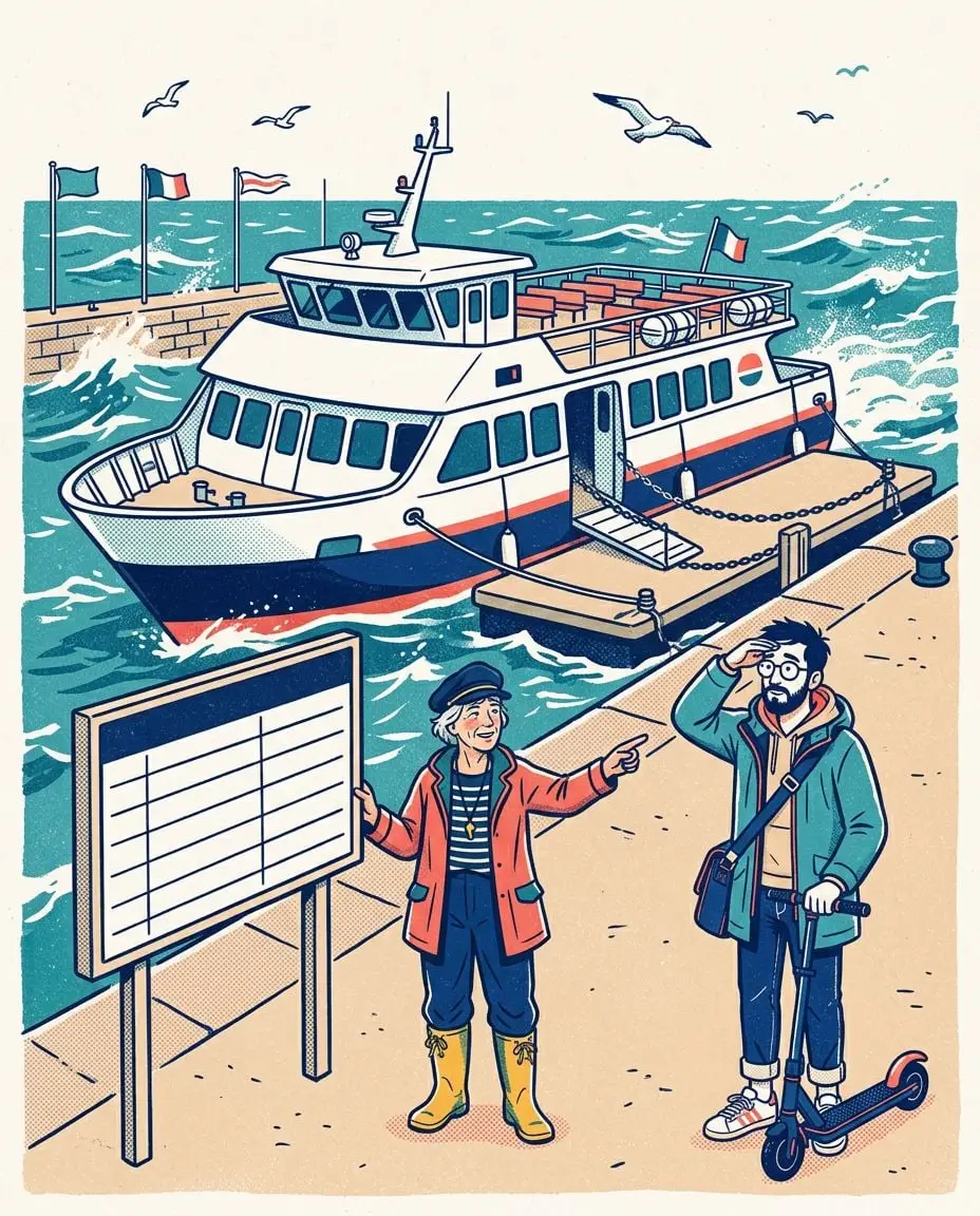 Sous un grand ciel bleu, le grand ferry Ondine reste amarré au terminal, chaîne en travers de la passerelle ; au large, la baie est blanche d'écume. Yanis regarde le ciel, perplexe, pendant que Rose lui montre la mer.