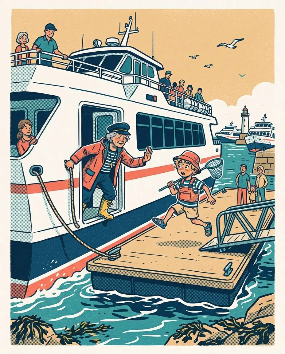 Au terminal, Gabin s'apprête à sauter du ponton vers la porte d'embarquement du grand ferry Ondine qui accoste, la coque encore séparée du ponton par un vide d'eau ; Rose, amarre en main dans la porte, lui fait signe d'attendre.