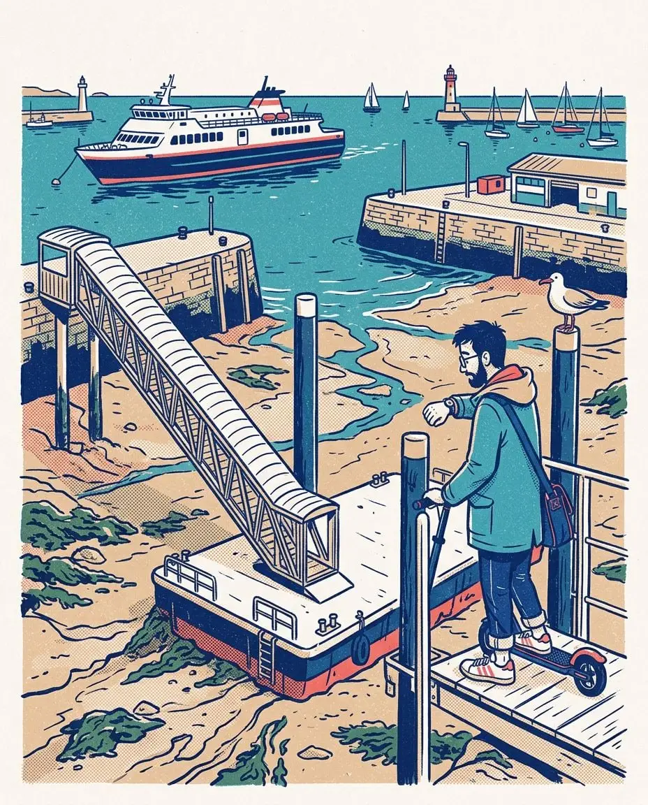 À marée basse, le grand ponton du terminal est posé sur la vase au pied de ses pieux ; Yanis, en haut de la passerelle avec sa trottinette, regarde sa montre, pendant que le ferry Ondine attend au loin dans les eaux profondes.