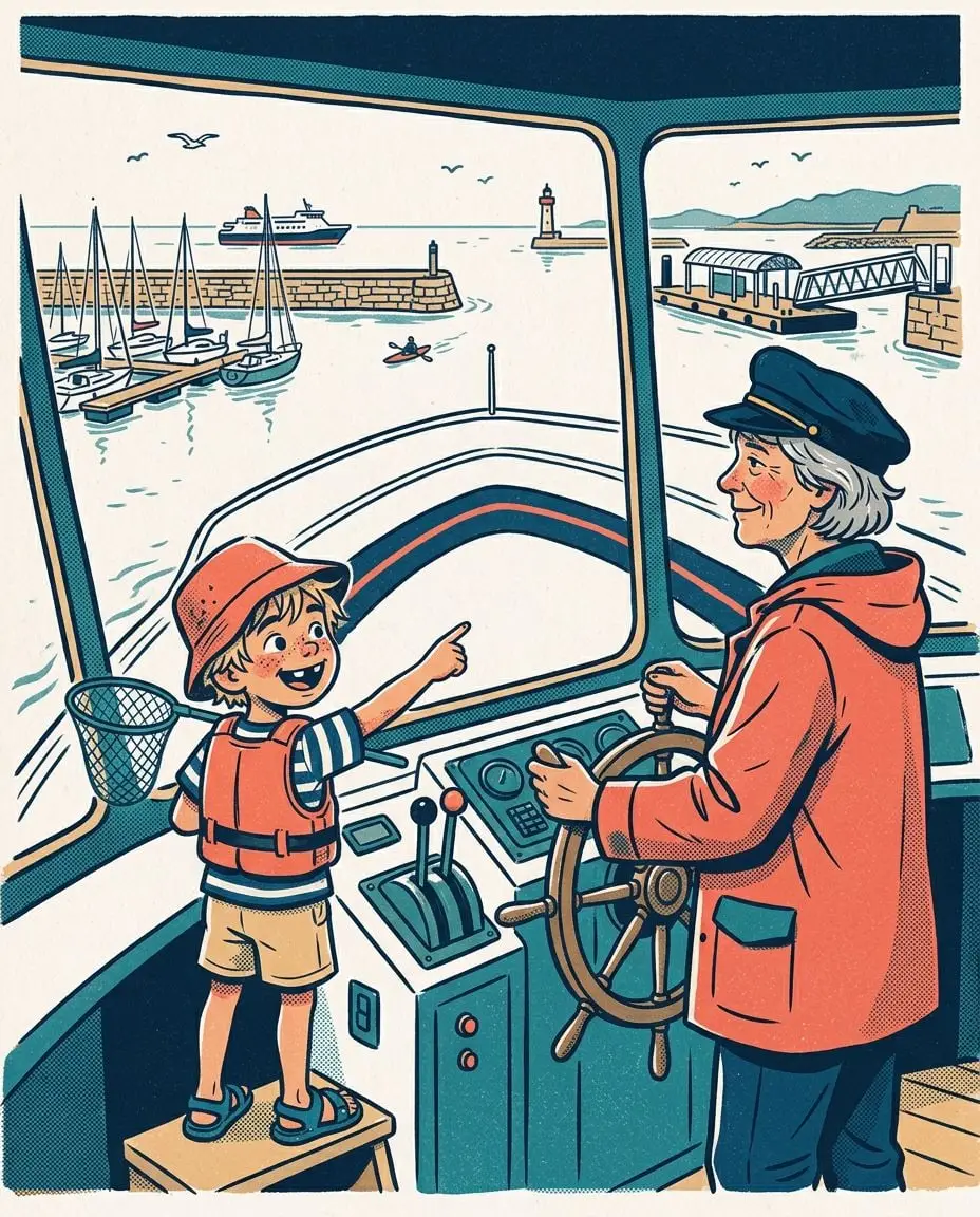 Depuis la haute timonerie du ferry, Rose entre au ralenti dans le port, main sur les manettes des gaz, pendant que Gabin, sur un marchepied à côté d'elle, montre un kayak qui surgit derrière la digue, loin en dessous.