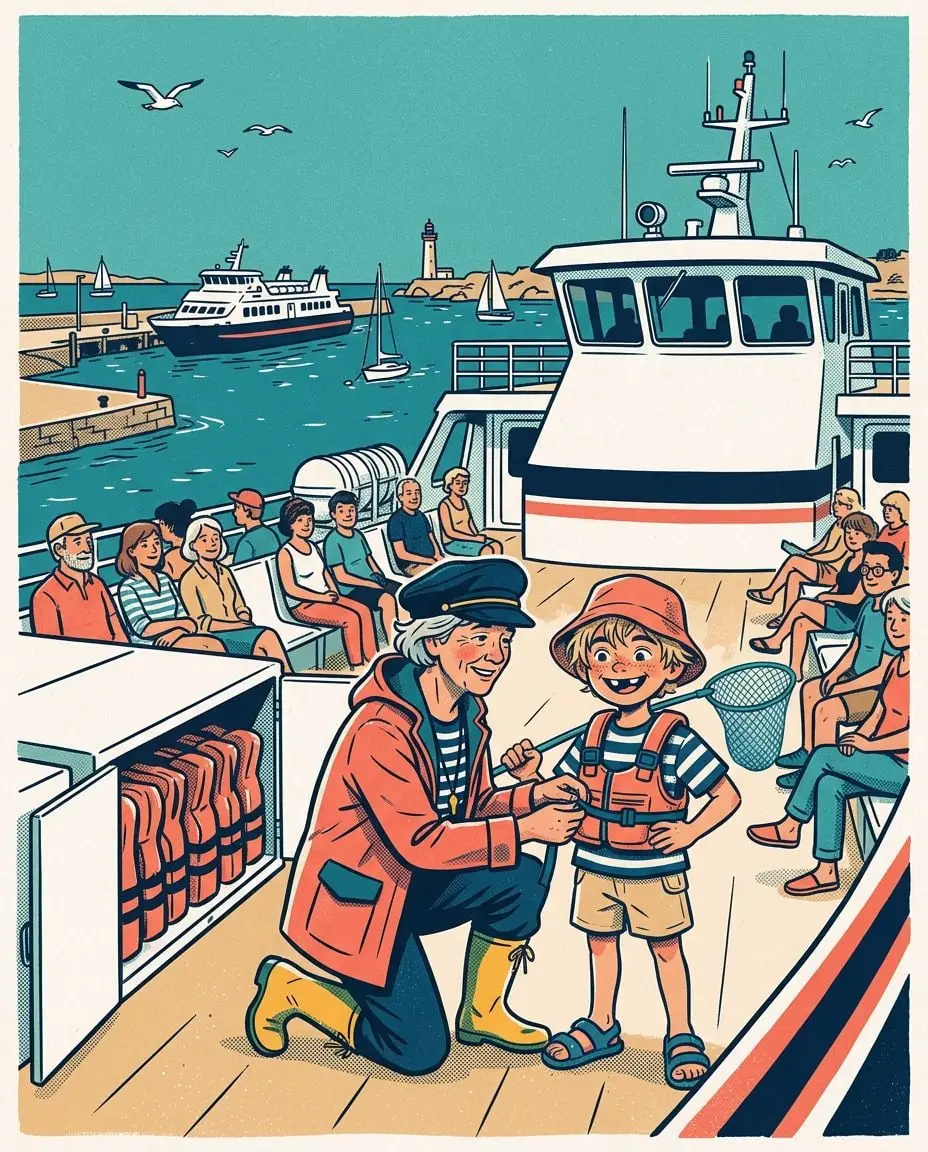 Sur le pont supérieur du ferry, Rose ajuste les sangles du gilet orange de Gabin, fier avec son épuisette ; à côté, un grand coffre ouvert sous les bancs montre les gilets adultes rangés.
