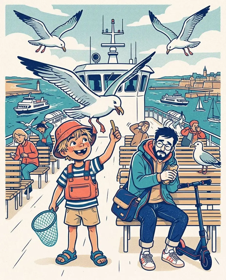 Sur le pont supérieur du ferry, Gabin tend une frite à un énorme goéland en vol stationnaire devant lui, pendant que d'autres piquent du ciel et que Yanis, à côté, protège son sandwich à deux bras.