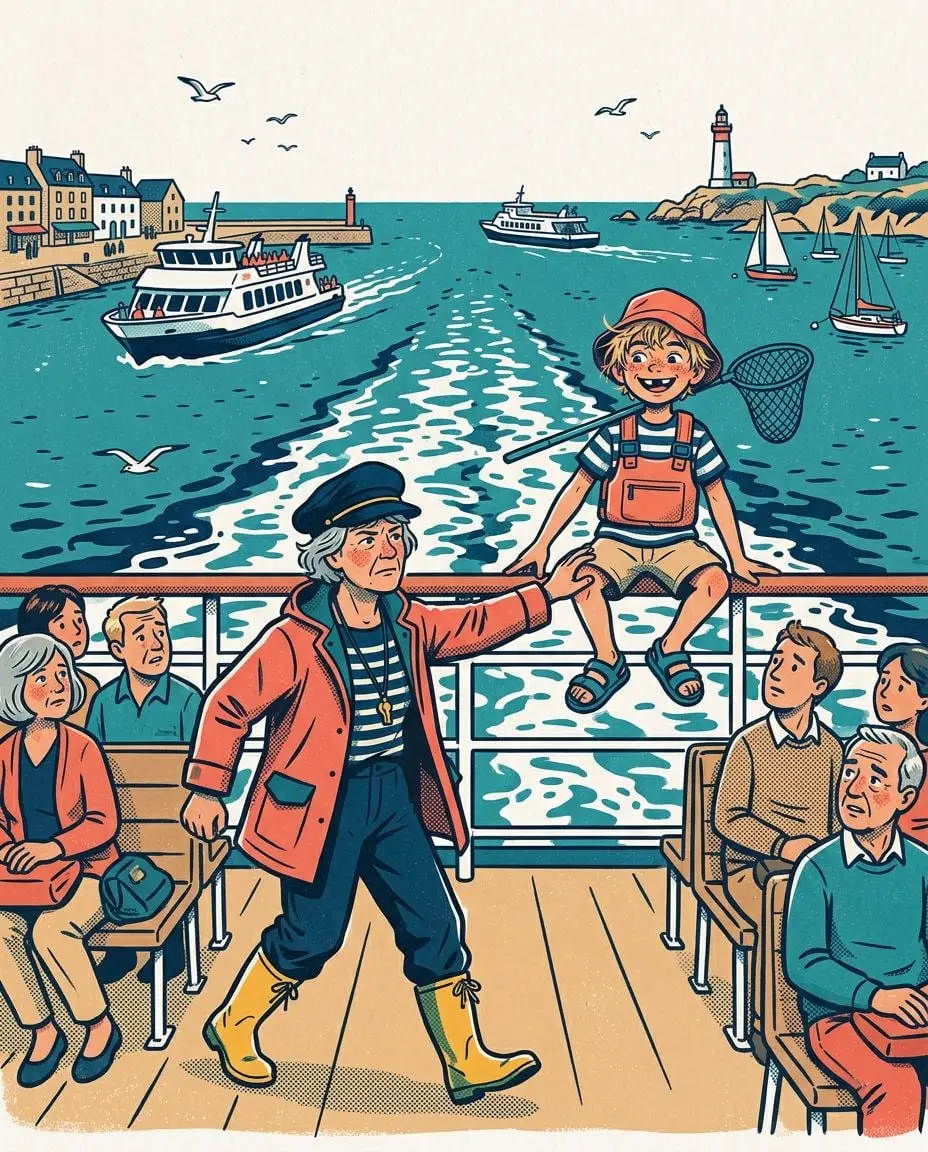 Sur le pont supérieur du ferry, Gabin s'est assis sur la rambarde pour poser avec son épuisette, la mer et le sillage loin en dessous ; Rose arrive à grands pas, le bras tendu pour le ramener sur le banc.