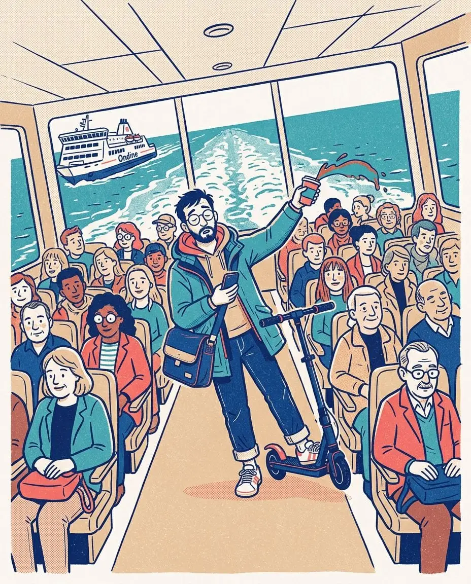 Dans le grand salon passagers du ferry qui gîte, Yanis, debout dans l'allée avec son téléphone et son café, part de travers, le café en l'air, pendant que les passagers assis suivent le mouvement sans broncher.