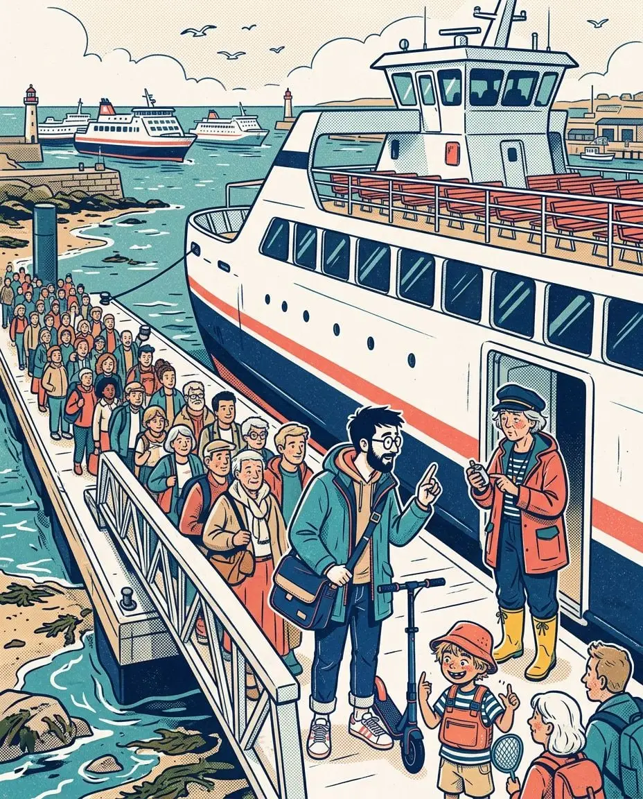 Dans la porte d'embarquement du ferry, Rose compte les passagers avec un compteur à main, pendant que Yanis, sur la passerelle avec sa trottinette, lui pose une question et que Gabin compte sur ses doigts derrière lui.