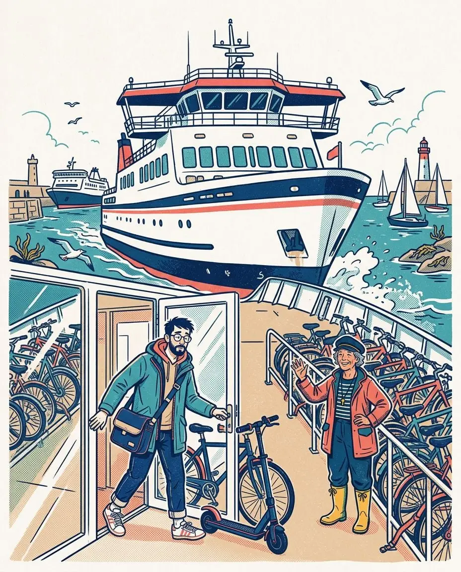 Sur le grand pont avant du ferry où des dizaines de vélos sont alignés dans leurs rails, Yanis se coince dans la porte vitrée du salon avec sa trottinette dépliée et un vélo, pendant que Rose lui fait signe de venir par là.